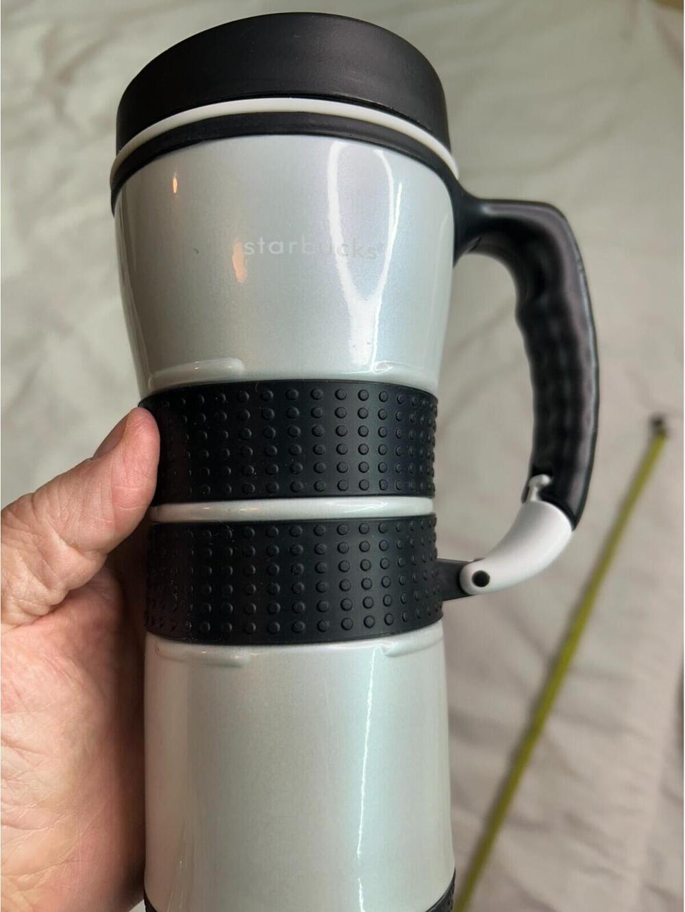 Vintage 2001 Starbucks Travel Coffee Mug White, Black Handle Carabiner